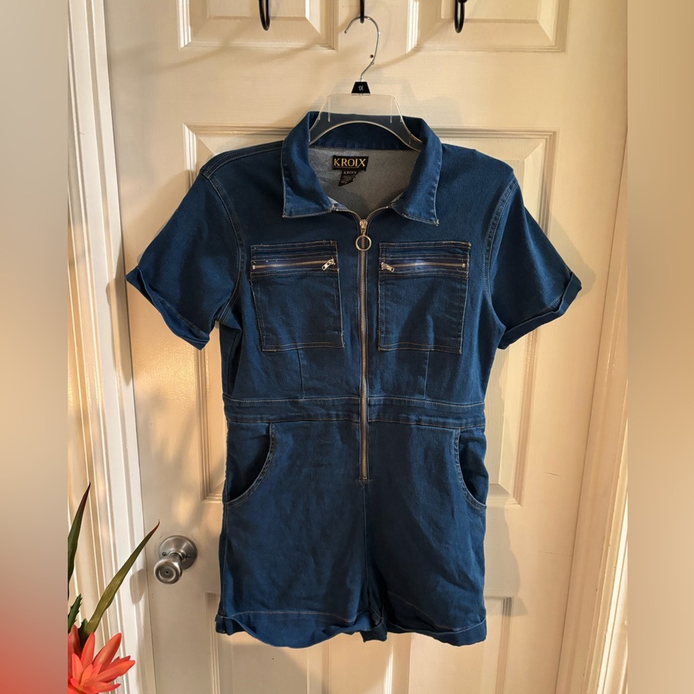 KROIX Blue Denim Utility Chic Romper with Zipper Closure, Women’s Sz XL